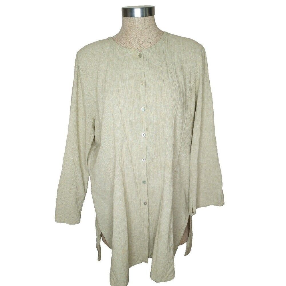 Eileen Fisher Tunic Womens XL 100% Organic Cotton Button Up Shirt Green Blouse